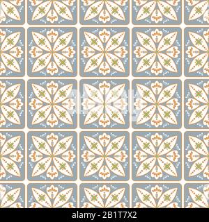 Portuguese style ceramic tile seamless pattern. Mediterranean Lisbon wall tiles design pastel blue gold colors. Stock Vector