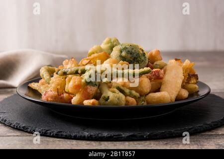 Japanese vegetable tempura on wooden table. Stock Photo