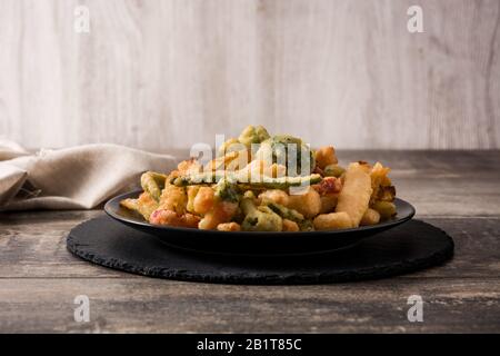 Japanese vegetable tempura on wooden table. Stock Photo