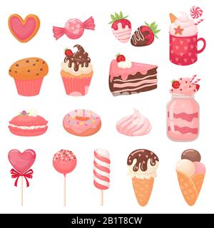 Cute Valentines sweets. Heart lollipop, sweet ice cream and strawberry cake. Candy cartoon vector illustration set Stock Vector