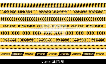 Danger ribbon. Alert stripes, warning tape and striped yellow and black ribbons realistic vector illustration set Stock Vector