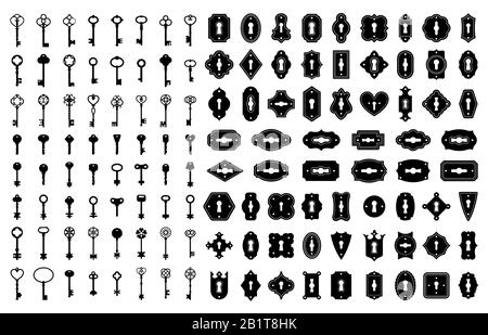Key and keyhole silhouettes. Old house door keys, vintage lock keyholes frames and retro key silhouette icon vector set Stock Vector