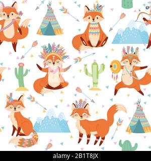 Seamless tribal fox pattern. Cute foxes in Indian feather warbonnet, wild animal and tribals tent cartoon vector illustration Stock Vector