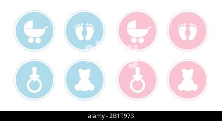 blue and pink set of baby icons feet footprint stroller bear and pacifier vector illustration EPS10 Stock Vector