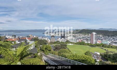 WELLINGTON, NEW ZEALAND - November 12 2019: aerial cityscape from Botanic garden heights with cable car rail and green playing grounds, shot in bright Stock Photo