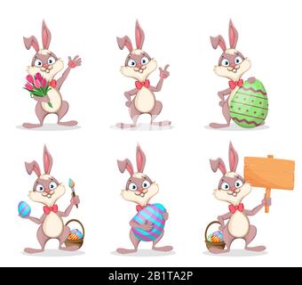 Happy Easter, cute bunny. Funny cartoon rabbit, set of six poses. Stock vector illustration on white background Stock Vector