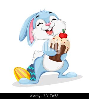 Rabbit holds Easter cake. Funny Easter bunny cartoon character. Stock vector illustration on white background Stock Vector