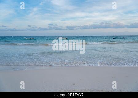 Boats docked in beautiful beach in Tulum Mexico North America Stock Photo