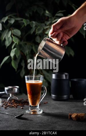 Male hand pours milk from metal pitcher into transparent glass with black coffee on dark surface and green tree leaves background Stock Photo