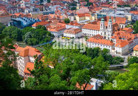 View from the Schlossberg to the Kunsthaus and the pilgrimage church Mariahilf, Minoritenkloster, Graz, Styria, Austria Stock Photo