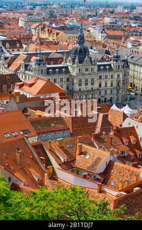 Roofs of the old town, view from the Schlossberg to the town hall, Graz, Styria, Austria Stock Photo