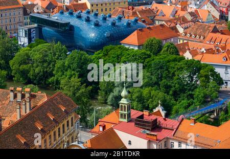 View from the Schlossberg to the Kunsthaus, Graz, Styria, Austria Stock Photo