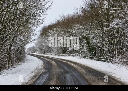 A snow covered tree lined section of Haydon Lane, Taunton, Somerset, by the M5 bridge, after the first few cars had made their way through the snow Stock Photo