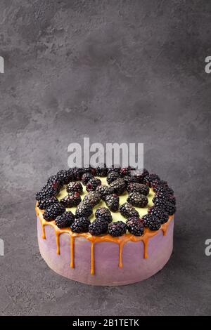 Whole cake covered with purple cream, fresh blackberries, caramel, flows down on the sides, on gray surface, vertical Stock Photo