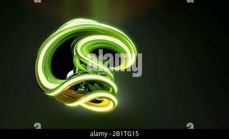 3d green abstract swirling twisting shape glowing in the darkness, 3d illustration Stock Photo