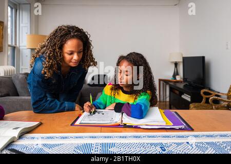 Mother assisting daughter in doing homework at table in living room Stock Photo