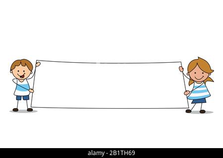kids holding blank sign       illustration - boy and girl holds empty sign Stock Photo