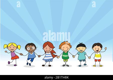 happy children holding hands, kids illustration of boys and girls playing Stock Photo