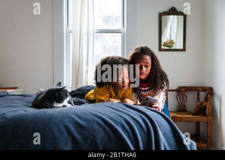 Sisters using smart phone while lying by cat on bed at home Stock Photo