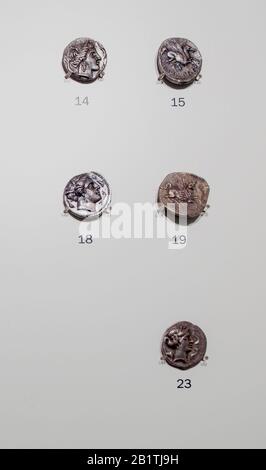 Barcelona, Spain - Dec 26th 2019: Emporion drachmas, 6th BC. National Art Museum of Catalonia, Barcelona, Spain Stock Photo