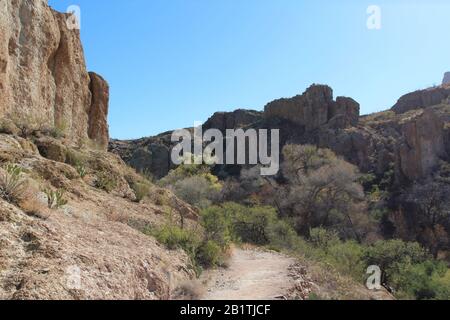 A hiking trail through the mountainous, desert landscape in Superior, Arizona, USA Stock Photo