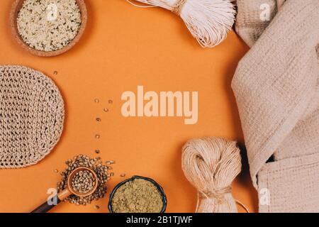 Different types of uses for hemp. Textile fiber industry. Zero waste living concept. Stock Photo