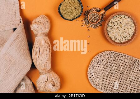 Different types of uses for hemp. Textile fiber industry. Zero waste living concept. Stock Photo