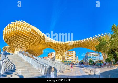 SEVILLE, SPAIN - OCTOBER 1, 2019: The giant Metropol Parasol is one of the most amazing modern construction in historical neighborhood in surrounding Stock Photo