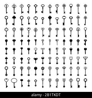Key silhouettes. Vintage house keys, retro safe key and security access silhouette icon vector set Stock Vector