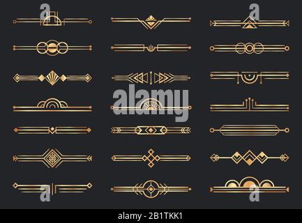 Golden art deco dividers. Decorative geometric border, retro gold dividers and luxury 1920s decoration elements vector set Stock Vector