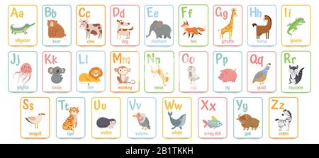 Alphabet cards for kids. Educational preschool learning ABC card with animal and letter cartoon vector illustration set Stock Vector