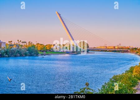 The evening view on Puente del Alamillo across Guadalquivir river in Seville, Spain Stock Photo