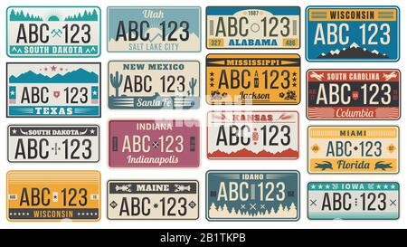 Car number license plate. Retro USA cars registration number signs, Texas, Wisconsin and Kansas license plates vector illustration set Stock Vector