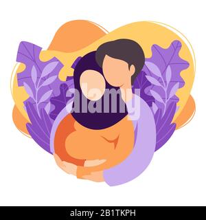 Future muslim parents man and woman are expecting a baby. Islamic couple of husband and wife prepare become parents. Man embracing pregnant woman with Stock Vector