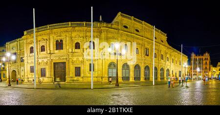 SEVILLE, SPAIN - OCTOBER 1, 2019: Panoramic view on large  City Council building on San Francisco sqaure in the heart of tourist area, on October 1 in Stock Photo