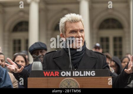 New York, USA. 27th Feb, 2020. Billy Idol is seen during the launch of the 'WAR ON IDLING' program at City Hall in New, NY, USA on February 27, 2020. (Photo by Albin Lohr-Jones/Sipa USA) Credit: Sipa USA/Alamy Live News Stock Photo