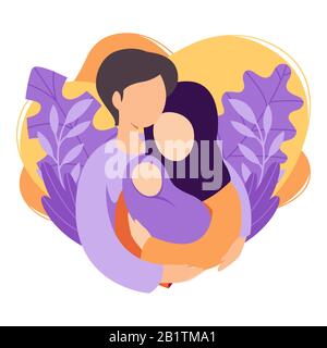 Muslim mother and father holding their newborn baby. Islamic couple of husband and wife become parents. Man embracing woman with child. Maternity, fat Stock Vector