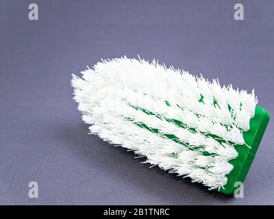 Clothes brush with white bristles on a gray background. Stock Photo