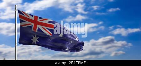 Australia sign, symbol. Australian national flag waving on a pole, blue sky with clouds background. 3d illustration Stock Photo