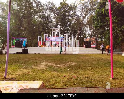 Shaheed Minar is a national monument in Bangladesh. Different organisations paying homage to Language Movement martyrs at the Central Shaheed Minar. Stock Photo