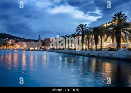 Beautiful Split city with the old town promenade and the Diocletian Palace at blue hour in Croatia, Dalmatia, Europe. Stock Photo