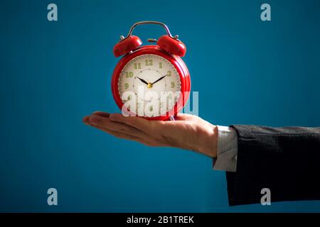 Bearded businessman in suit holding red alarm clock. Time management concept Stock Photo