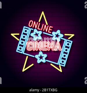 Online Movies Neon Signboard. Led Neon Light Sign Display. Stock Vector