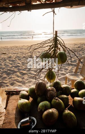 sale of coconuts on the main beach of Gokarna People walk along the coastline. Majestic South India in springtime Stock Photo