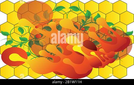 abstract art with green leaves on honey comb background Stock Vector