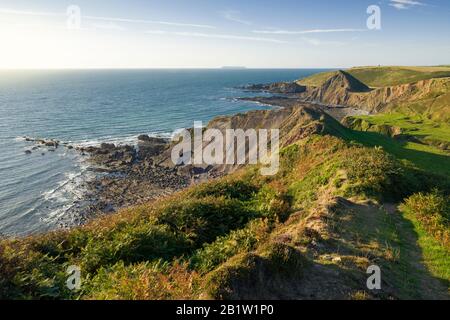 View from Swansford Hill over Speke's Mill Mouth towards Hartland Quay on the North Devon coastline, England. Stock Photo