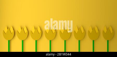 Springtime concept with abstract yellow tulips on a yellow background with space for text, 3d rendering Stock Photo