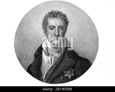 Robert Stewart, 2nd Marquess of Londonderry, 1769 - 12 August 1822, usually known as Lord Castlereagh, derived from the courtesy title Viscount Castlereagh, by which he was styled from 1796 to 1821, was an Anglo-Irish statesman  /  Robert Stewart, 2. Marquess of Londonderry, britischer Staatsmann. Von 1796 bis 1821 führte er den Höflichkeitstitel Viscount Castlereagh, Historisch, digital improved reproduction of an original from the 19th century / digitale Reproduktion einer Originalvorlage aus dem 19. Jahrhundert Stock Photo