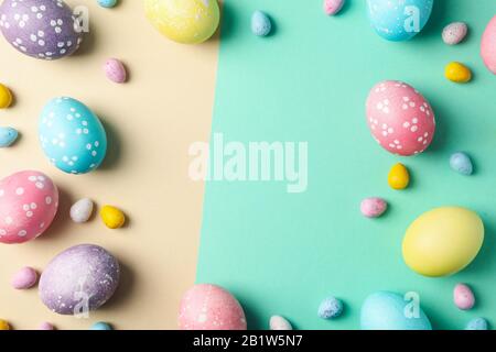 Easter eggs on two tone background, space for text Stock Photo