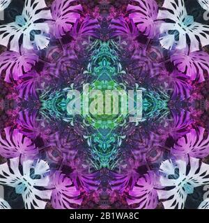 Blurred Symmetry monstera leaves mandala, kaleidoscope and design pattern abstract background Stock Photo